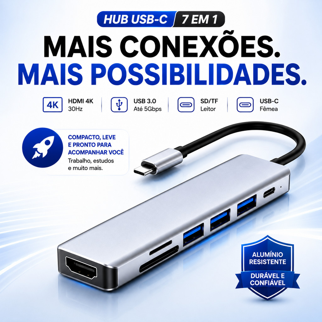 Hub USB 3.0 7 em 1 USB C HDMI 4K Leitor SD TF Adaptador Tipo C Notebook MacBook
