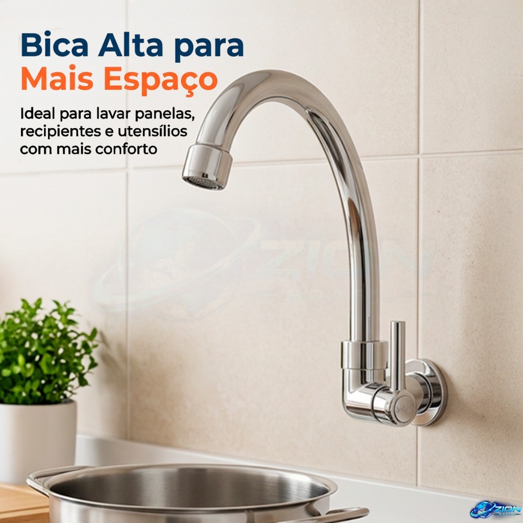 Torneira De Parede Para Cozinha Bica Alta Curva Cromada Com Alavanca Lateral Bico Arejador Para Pias