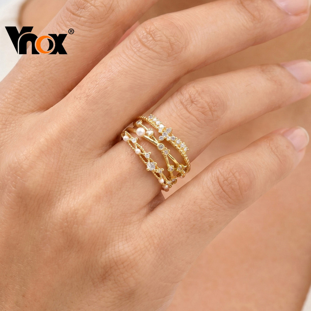 Conjunto De 3 Peças Vnox Em Tom Dourado Pérola E Coroa De Zircônia Anel Triplo , Aberto Ajustável Minimalista Para Mulhe