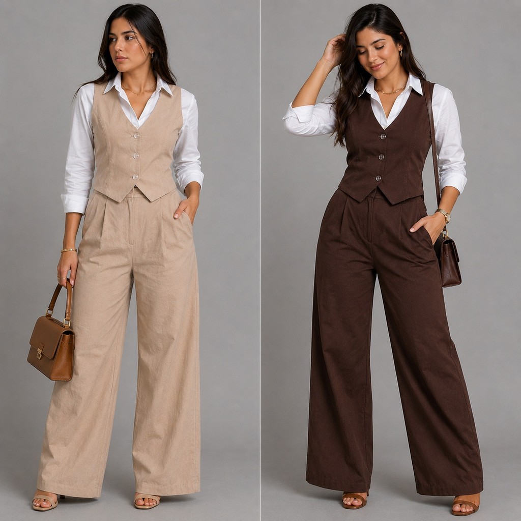 Conjunto Feminino Alfaiataria Blusa Colete Calça Pantalona Social P'M'G'GG Elegante com Botão Moda Mulher Outono Inverno