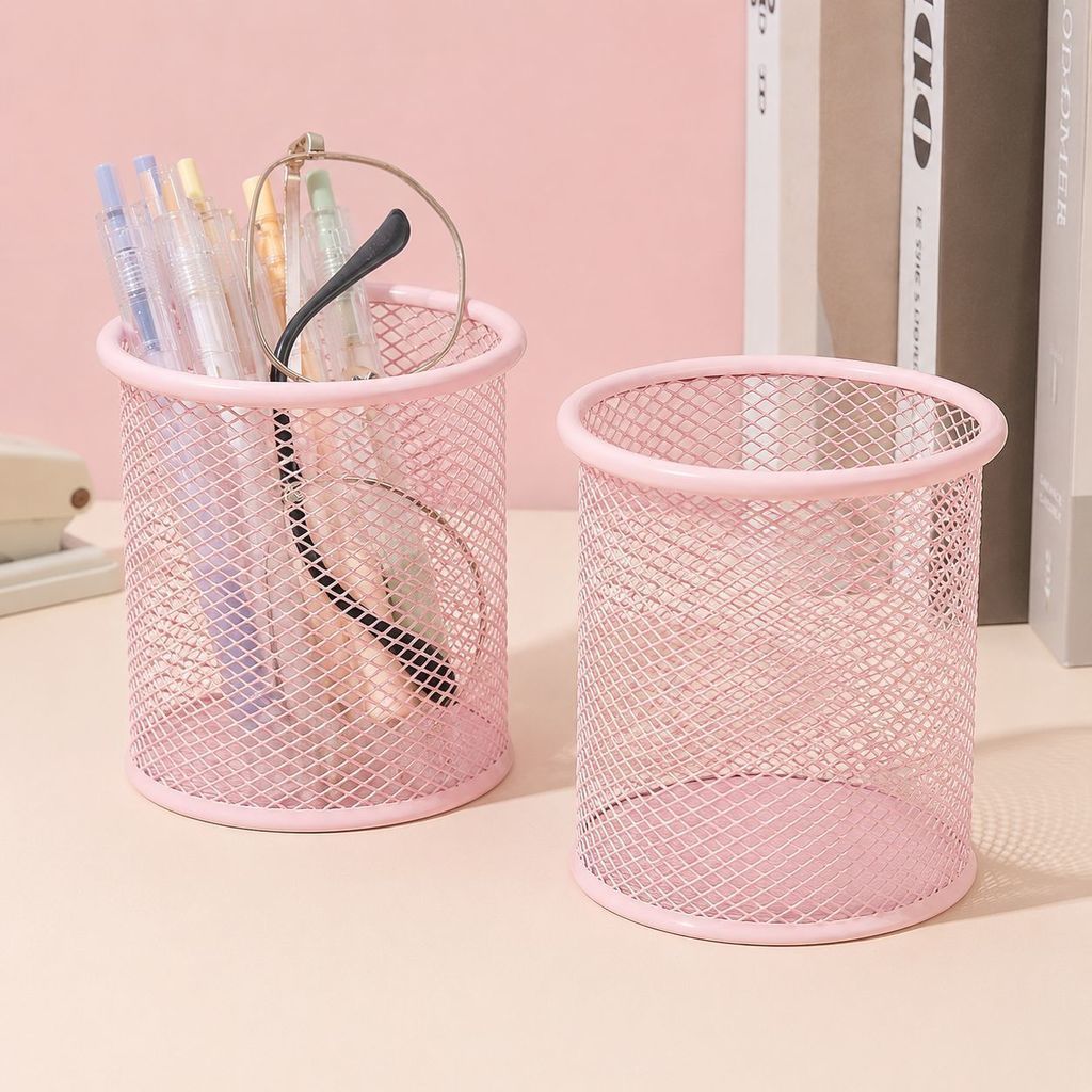Porta Lápis de Metal Aramado Redondo Rosa Organizador de Mesa Porta Canetas Escritório Escolar