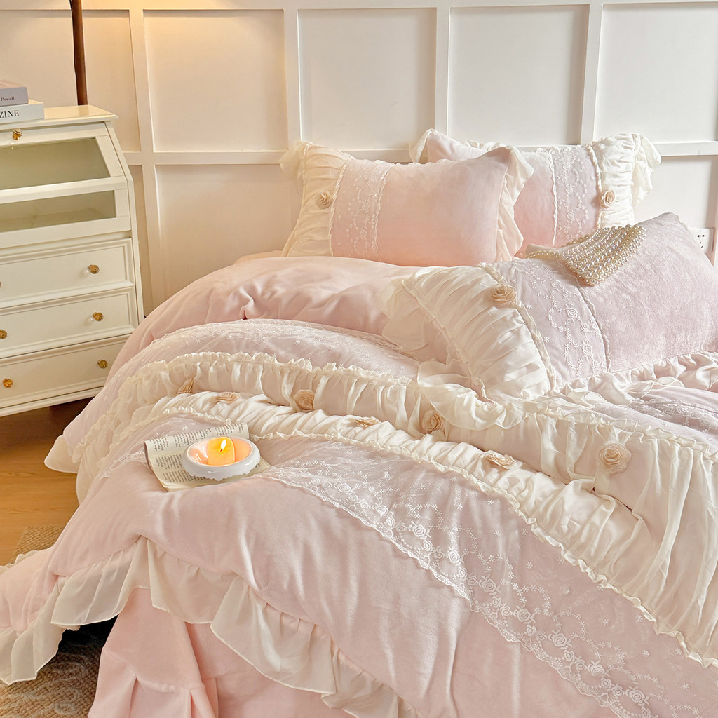 Coreano estilo princesa leite veludo conjunto de quatro peças inverno engrossado Coral veludo rendas colcha capa quente 