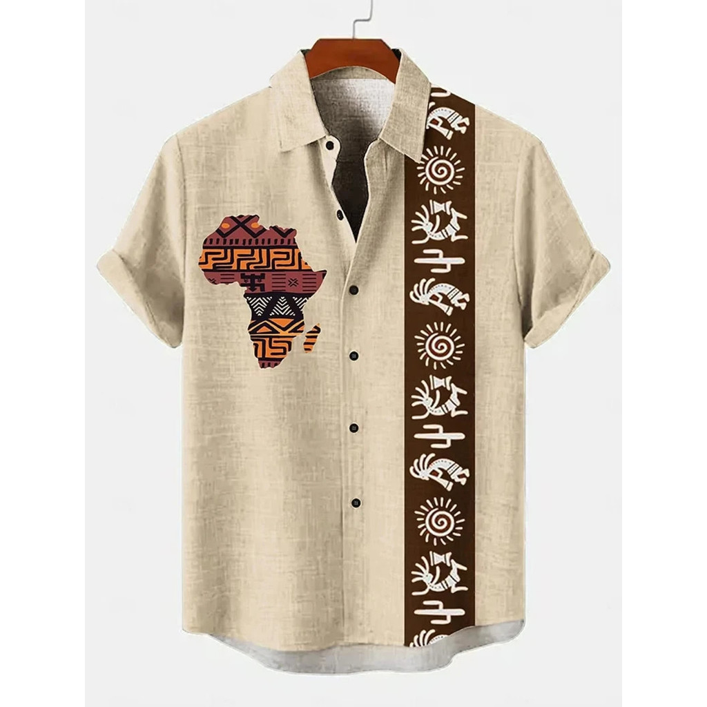 Camisas Masculinas Estilo Africano Vintage Étnico Tribal Manga Curta Tops Moda Casual Férias Blusa Com Botões