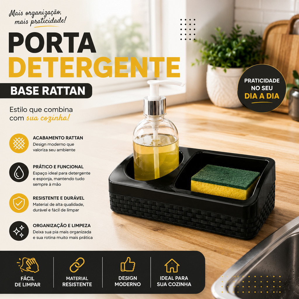 Porta Detergente Bucha Sabão Esponja Rattan Preto Com Base Organizador Arqplast