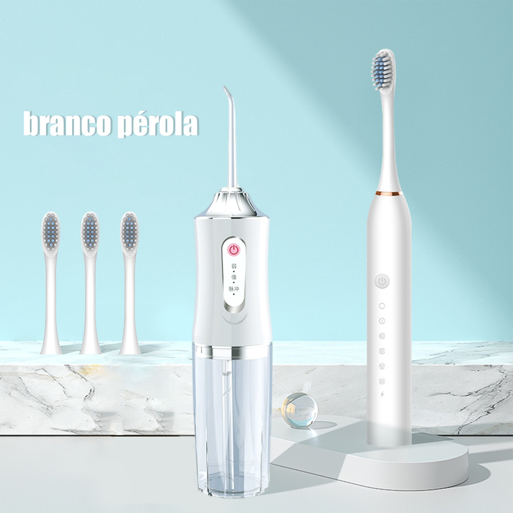 Combo Escova Elétrica e Water Flosser | Limpeza Profunda para Aparelho e Gengivas | Presente Ideal | Kit Viagem
