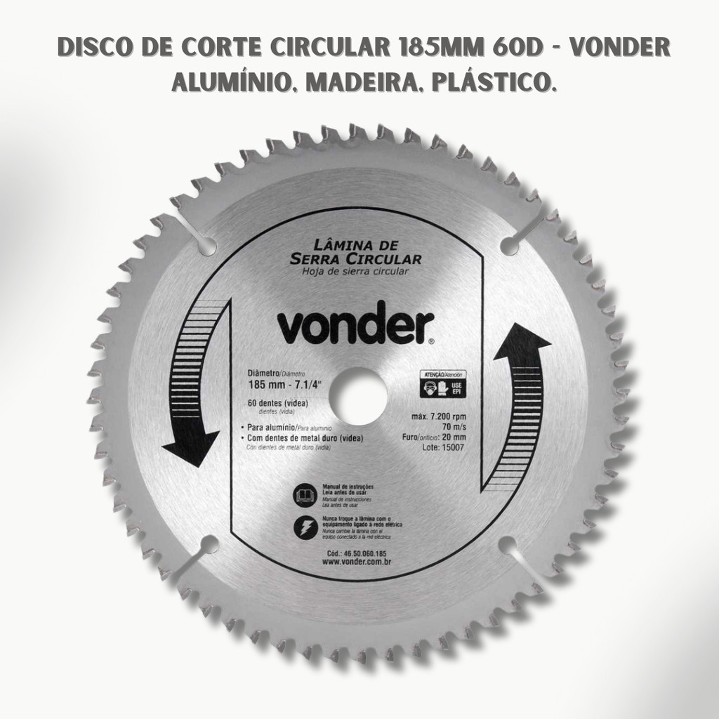 Disco de Corte Circular 185mm 60D Vonder Alumínio Madeira Plástico