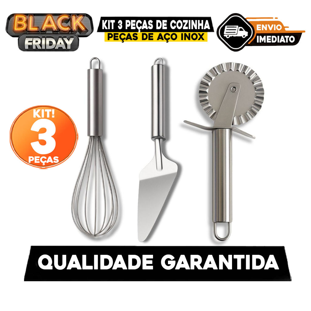 Kit Fouet Batedor de Ovos, Espátula para Bolo com Serrilha e Carretilha Cortador de Pastel Inox