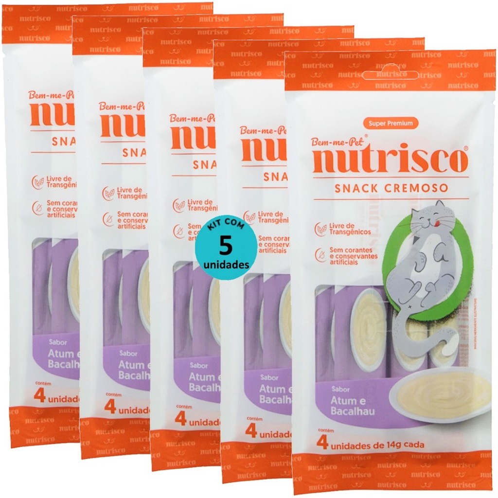 SNACK CREMOSO NUTRISCO GATOS 14G ATUM E BACALHAU COM 4 UN - KIT COM 5
