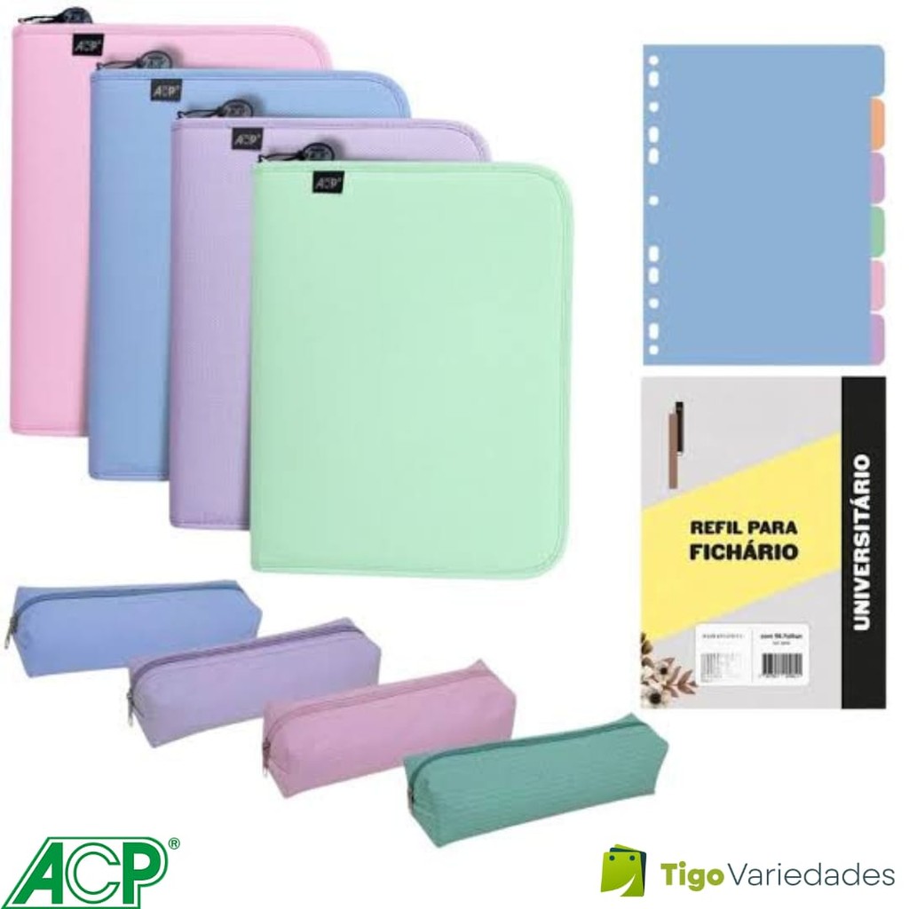 Fichário universitário + Bloco 6 Divisórias e Estojo ACP em Oferta na Shopee