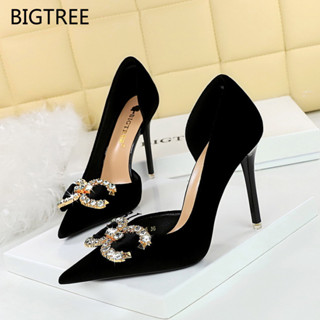 BIGTREE  salto alto lado oco 10cm tamanho grande Sexy Bowknot camurça strass apontou Toe Stiletto irmã real pret em Oferta na Shopee