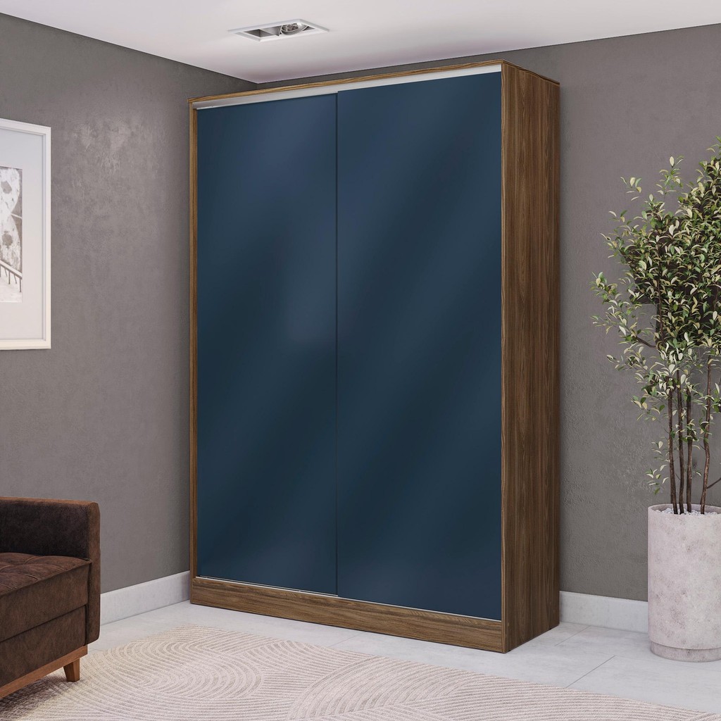 Guarda-Roupa 2 Portas de Correr 2 Gavetas Kappesberg Adapt Nogueira/Azul Profundo 158cm em Oferta na Shopee