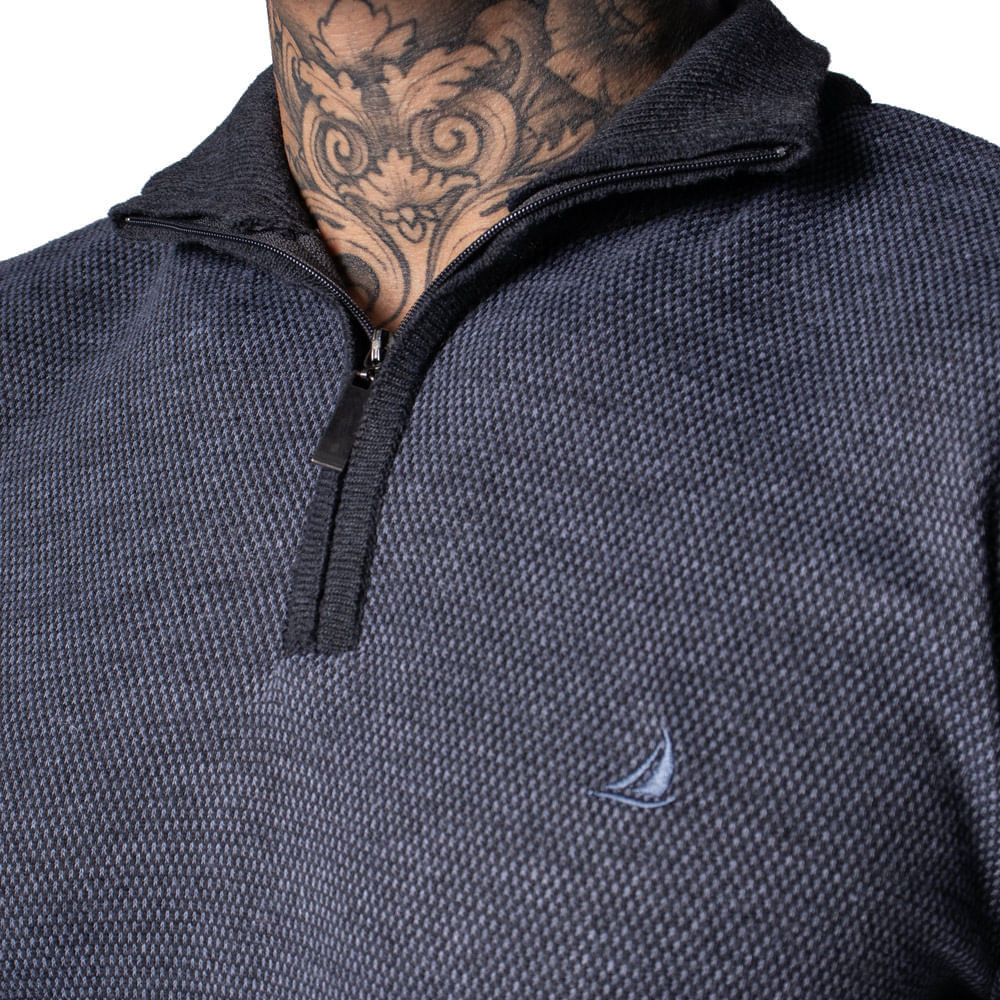 Detalhes do Suéter Masculino Balboa Gola com Zíper Mesclado Preto