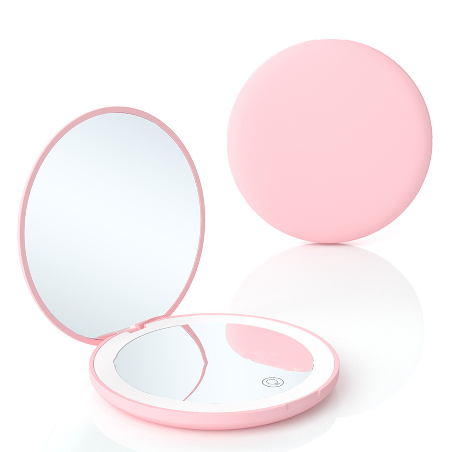 Espelho de maquiagem LED dobrável portátil de dupla face com luz e recarregável por USB