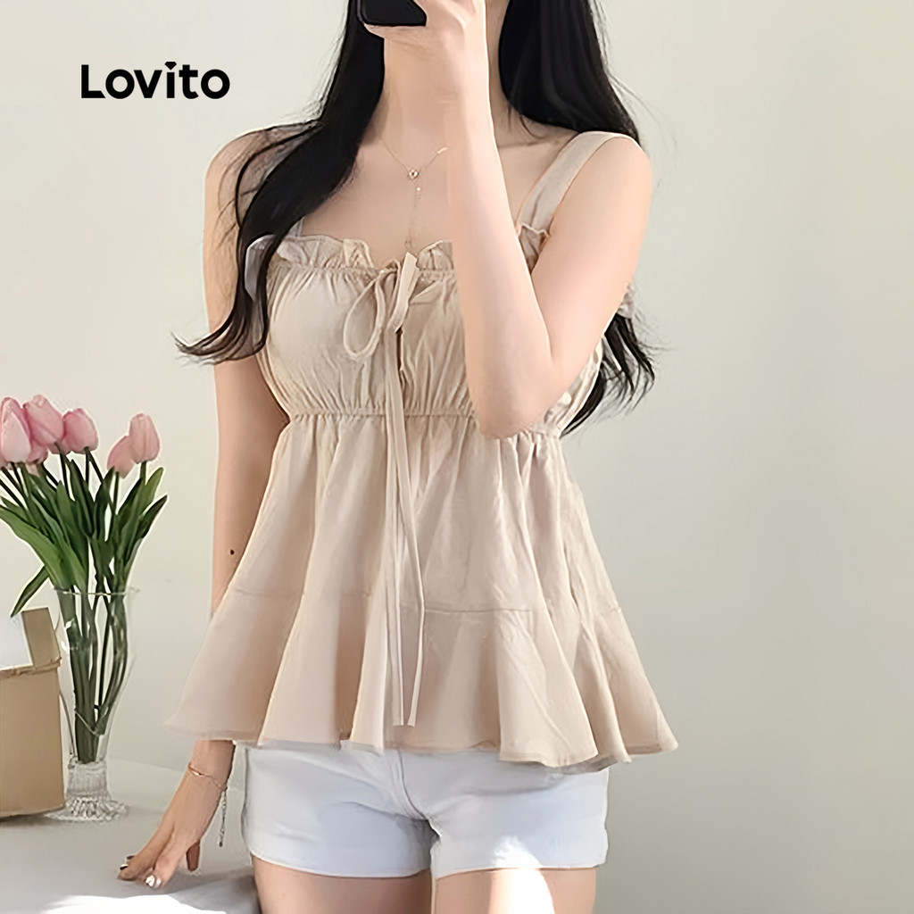 Detalhes do Lovito Blusa Casual com Laço Na Frente Acabamento em Babados Primavera/verão Tom Cáqui claro L150ED227