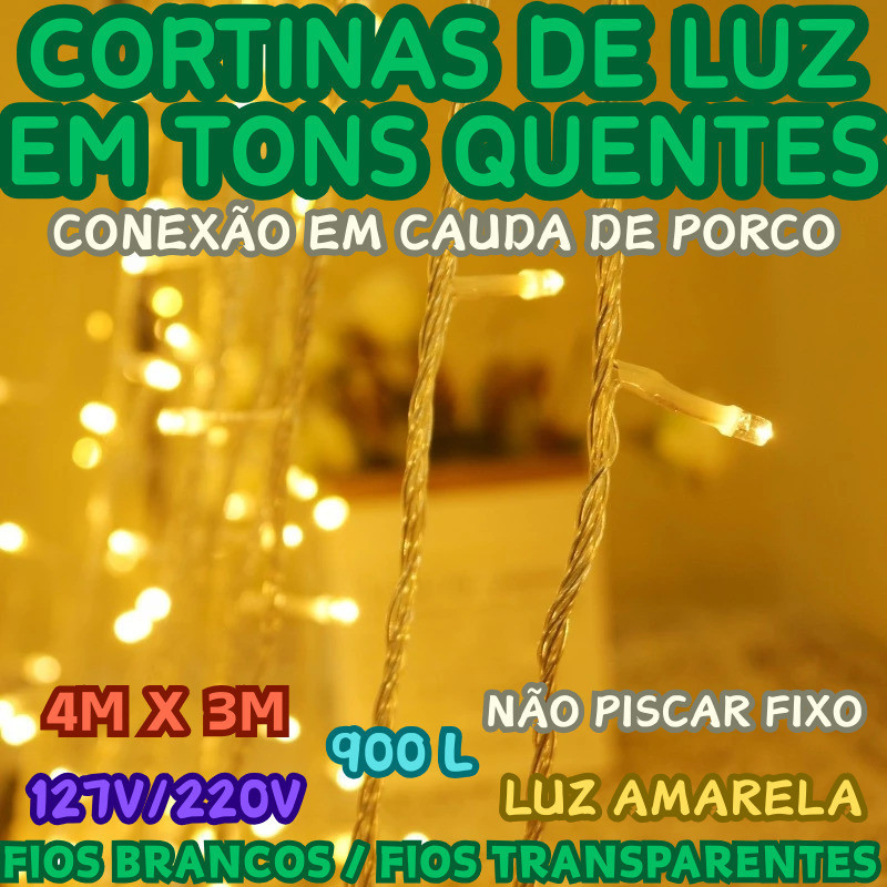 Cortina De Luz Amarela 4Mx3M 900L Não Piscar Fixo Com Luzes Em Cadeia 127V Ou 220V Fio Transparente