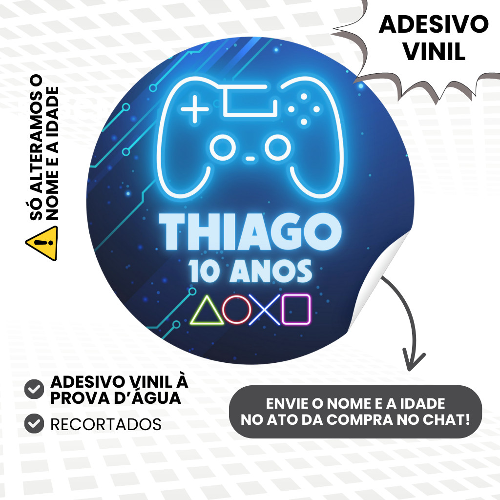 Adesivo Vinil Personalizado Gamer Playstation Xbox Game Neon para Lembrancinhas de Aniversário Infantil