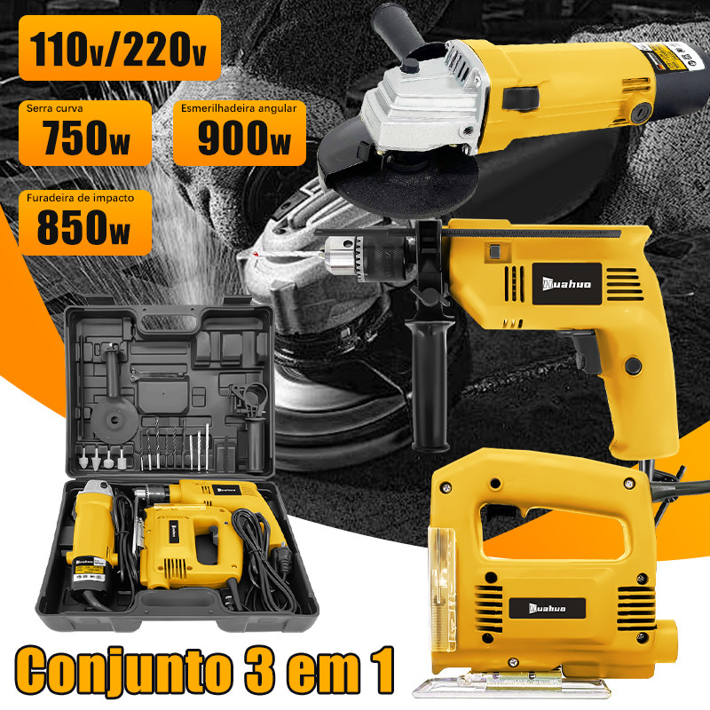 Kit 3 Em 1 Furadeira de impacto/Lixadeira Esmerilhadeira/Serra Tico Tico+Acessórios e kit de ferramentas em Oferta na Shopee