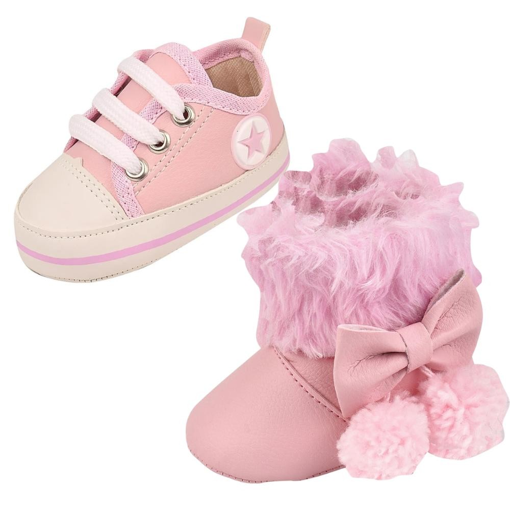 Kit 2 Pares Rosa Bebê Menina até 1 ano Bota Inverno e Tênis Star Confortáveis e Seguros