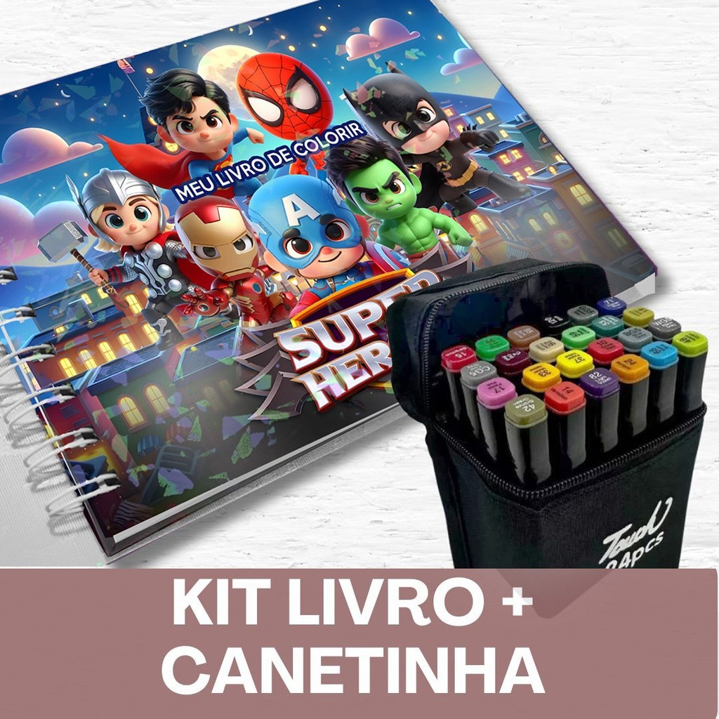 Super-Heróis Cute– Livro de Colorir+ Canetinhas / 50 Folhas / Capa Holográfica em Oferta na Shopee