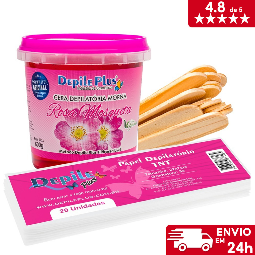 Kit Cera Depilatoria Hidrossoluvel 600g Depile Plus +  Papel Depilatorio 20 Unidades + Espátula Larga 15 Unidades