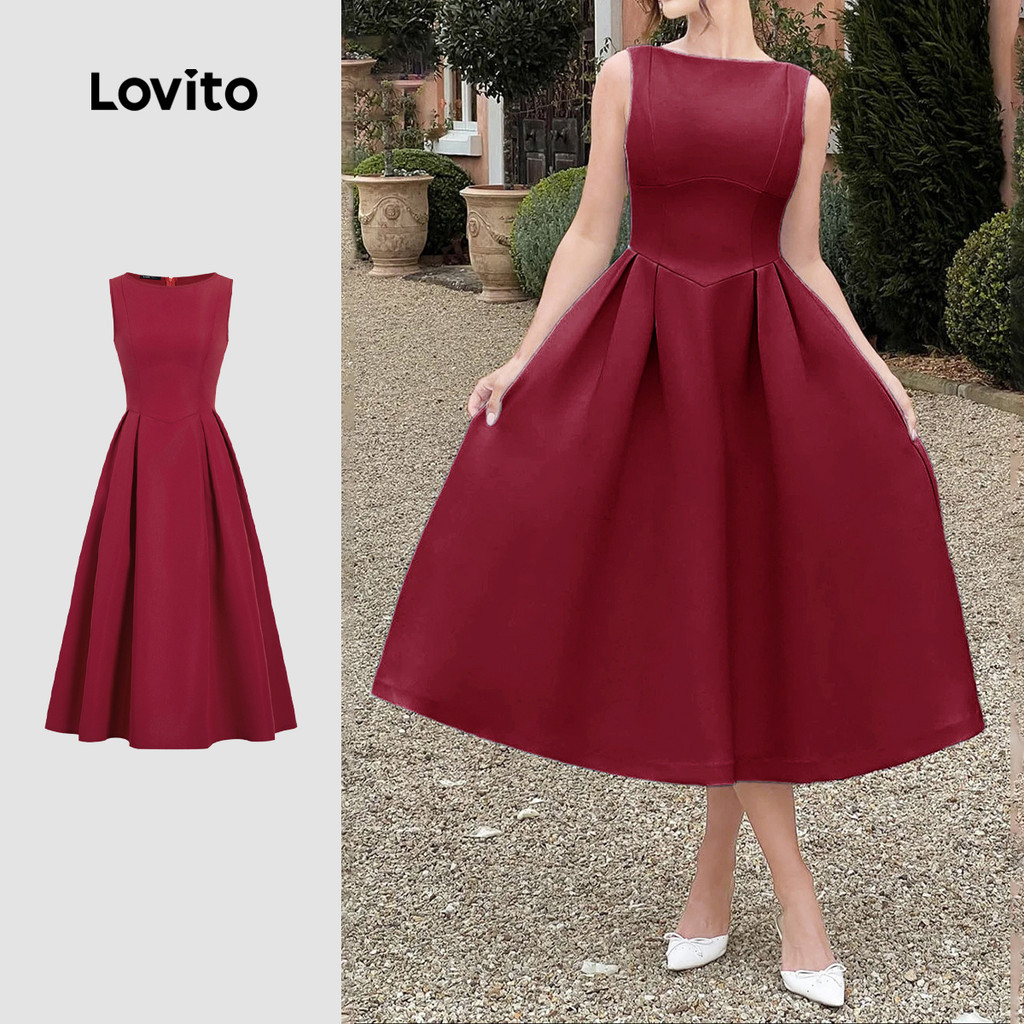 (NEW) Lovito Vestido Elegante com Pregas Zíper Estrutura de Linha Primavera/verão Vestido Vermelho Vinho L155AD273 em Oferta na Shopee