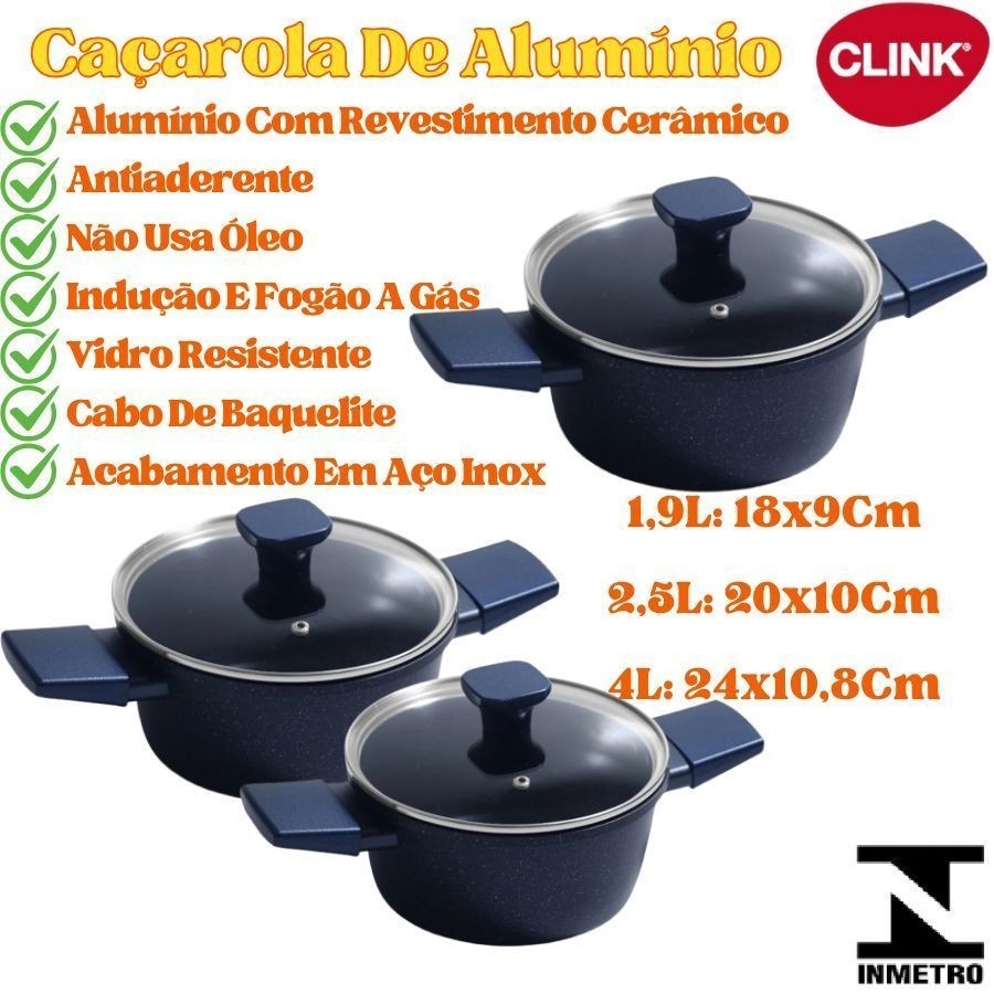 Caçarola De Alumínio 2,5L 4L E 1,9L Panela Antiaderente Revestimento Cerâmica Com Tampa De Vidro