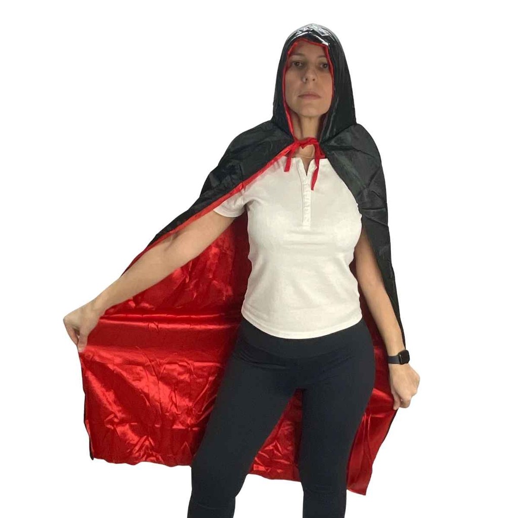 Capa Dupla Face Com Capuz Em Cetim Adulto 1,2m Fantasia Vampiro Halloween Dia Das Bruxas, Pica Pau
