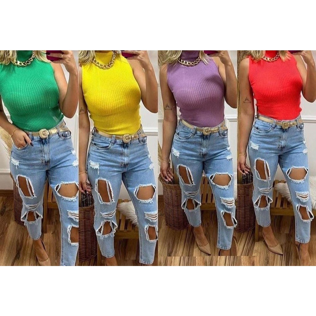 Blusinha Garrafinha Feminina Tricot Modal Canelada Gola Alta / Tendência Moda Blogueira Envio 24hrs