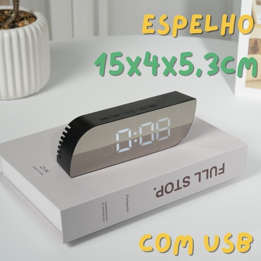 Relógio De Mesa Digital Com USB E Espelho Led Despertador LCD Fonte Branco Calendário Data 15x4x5,3