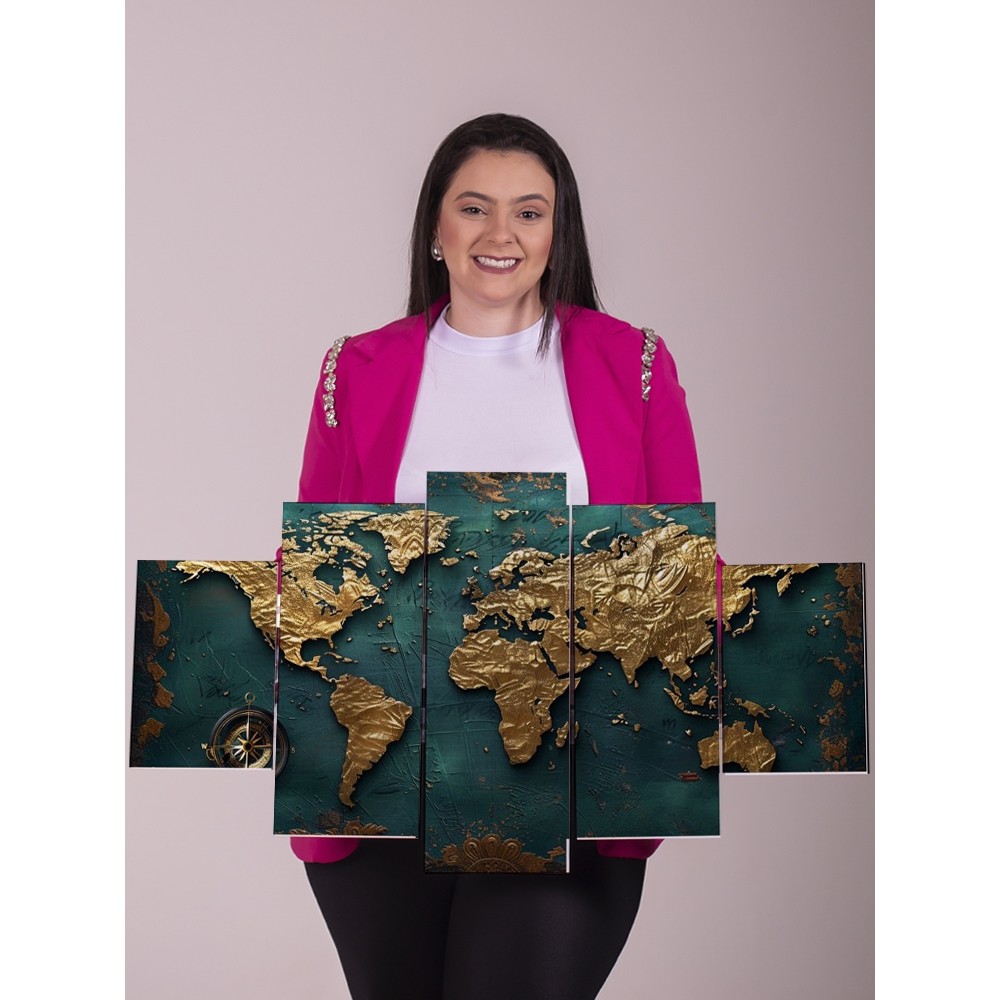 Quadro Decorativo Mapa Mundi 5 Peças Grande Sala Escritório Moderno Luxo Dourado Parede Arte