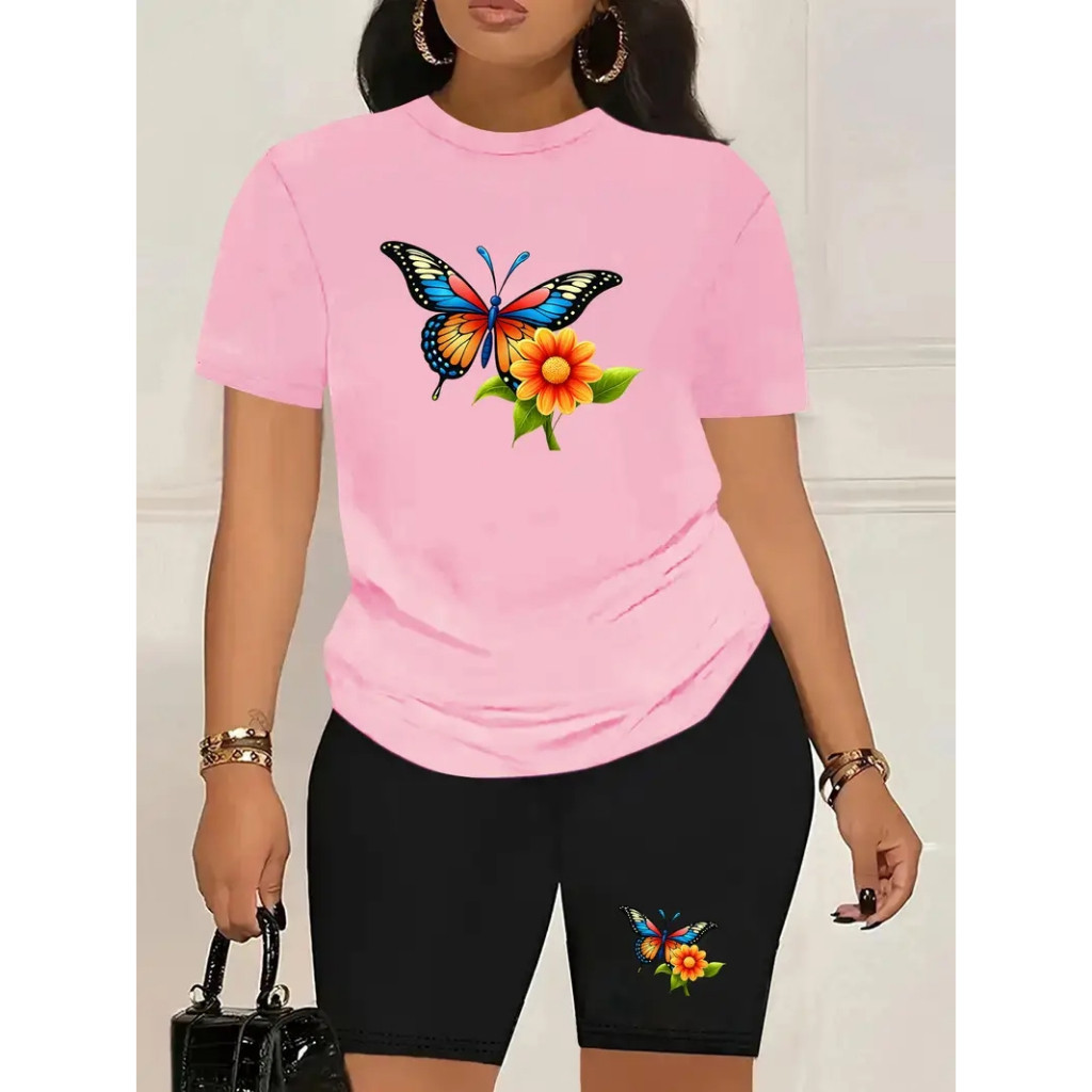 CONJUNTO FEMININO ACADEMIA CAMISETA+BERMUDA LEGGINGS CÓS ALTO ZERO TRANSPARENCIA BORBOLETA FLOR