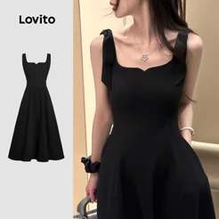 Lovito Elegante Vestido Com Bolso E Cadarço Vestido Preto De Verão/Primavera Para Mulheres Bordado L134ED498