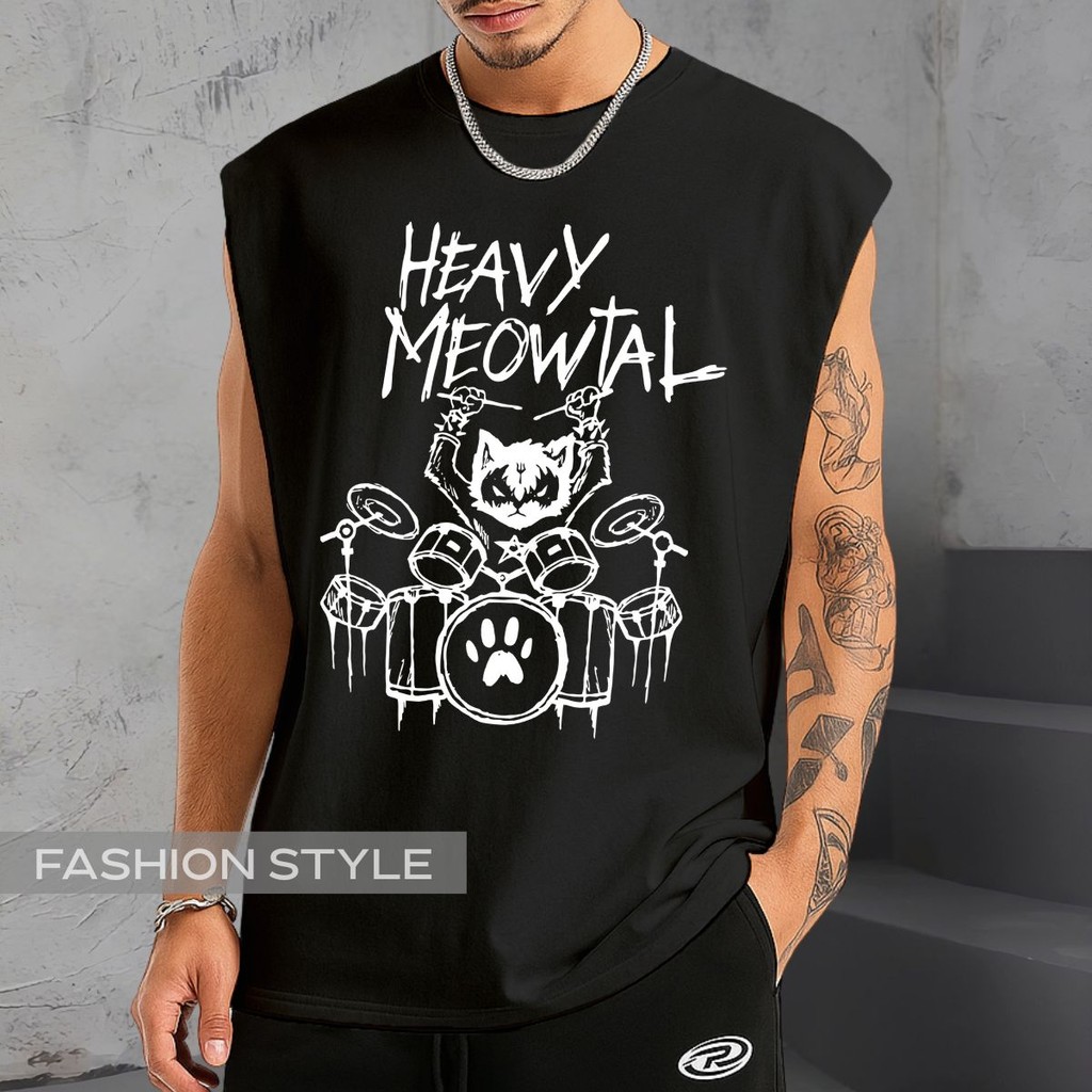 Regata Oversized Heavy Meowtal Meme Gatos Rockeiros Banda Rock Metal Regata Machão Blusa Cavada