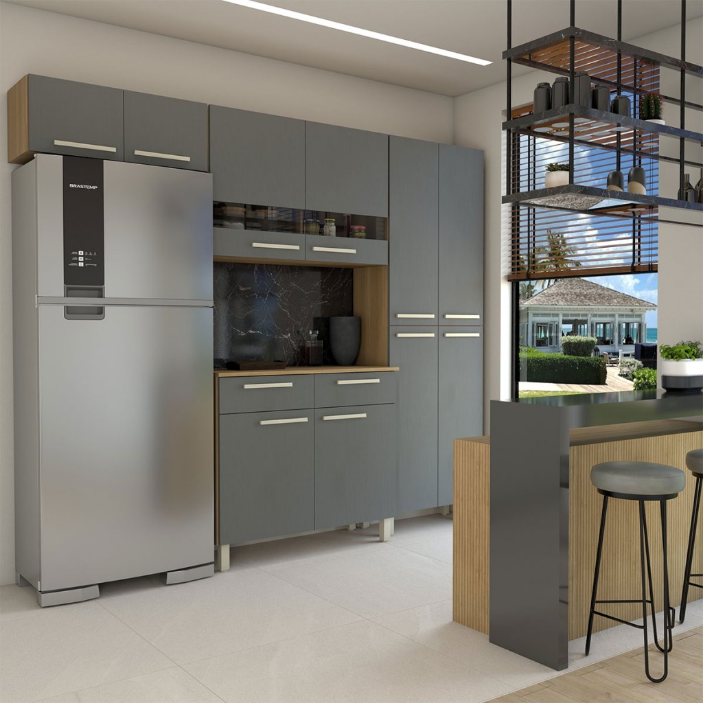 Armário de Cozinha com Balcão Império 10 Portas 2 Gavetas com Vidro Freijó/Gris - Panorama Móveis em Oferta na Shopee