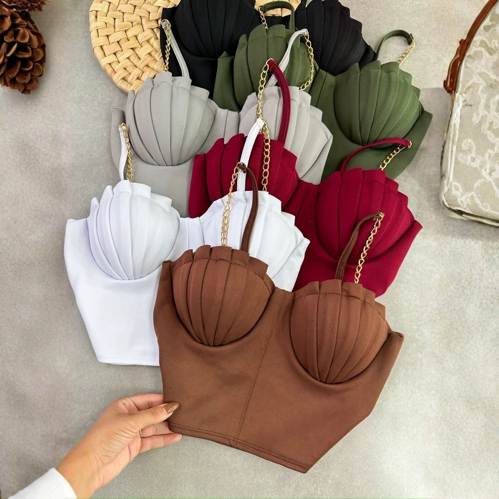 Cropped Sereia Concha Liso Moda Blogeira Retro Neoprene com Bojo Balada — imagem 1
