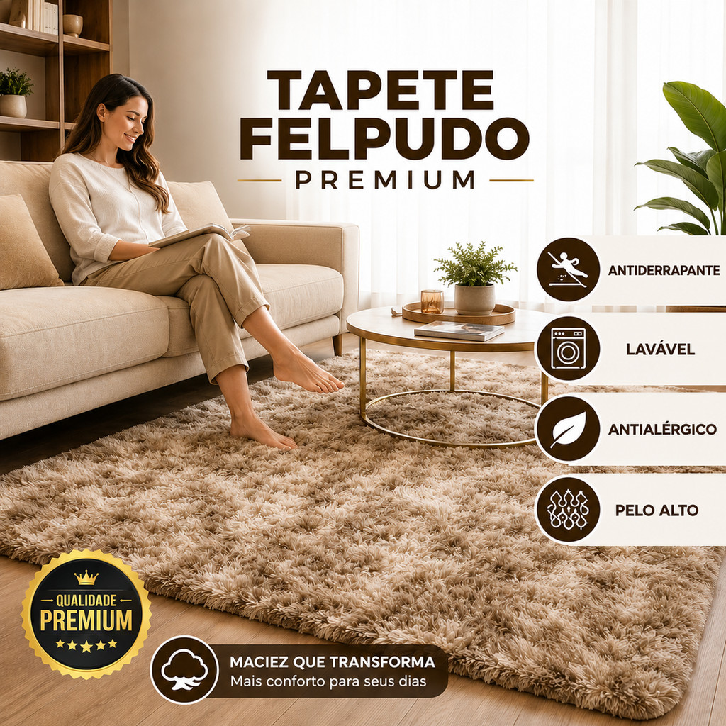 Tapete Felpudo Grande 2,00×1,40/ 2,00×2,40 Peludo Antialérgico Lavável Antiderrapante Sala Quarto Escritório Premium