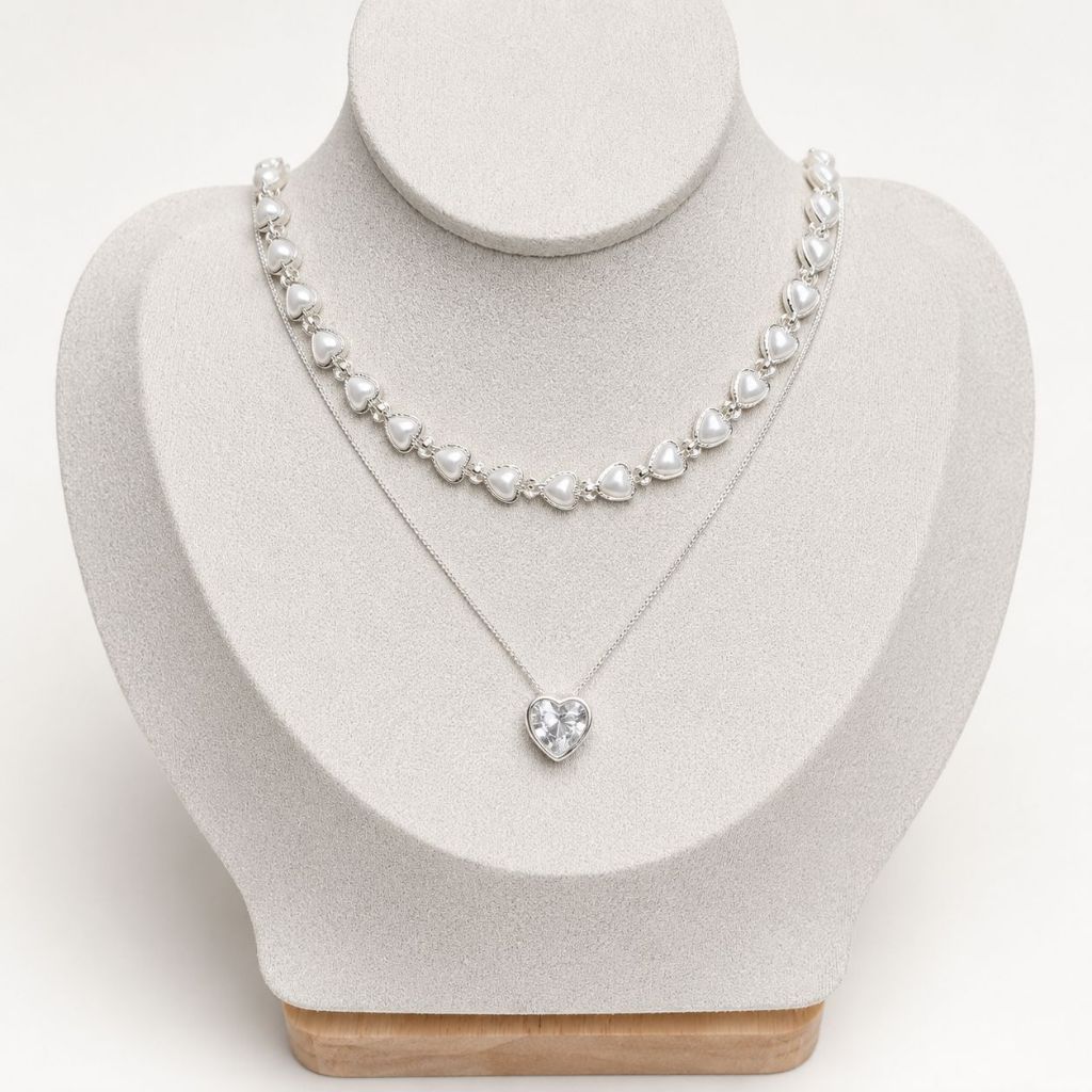 Kit Choker Pérolas Coração + Colar Coração Ponto De Luz Banhado Prata 925