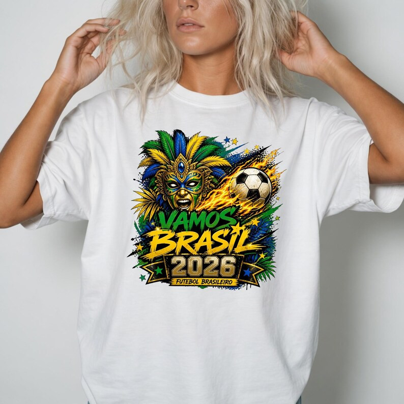 Camiseta Masculina Feminina Oversized Estampa Vamos Brasil 2026 Máscara Carnaval Futebol T-shirt Streetwear Torcedor