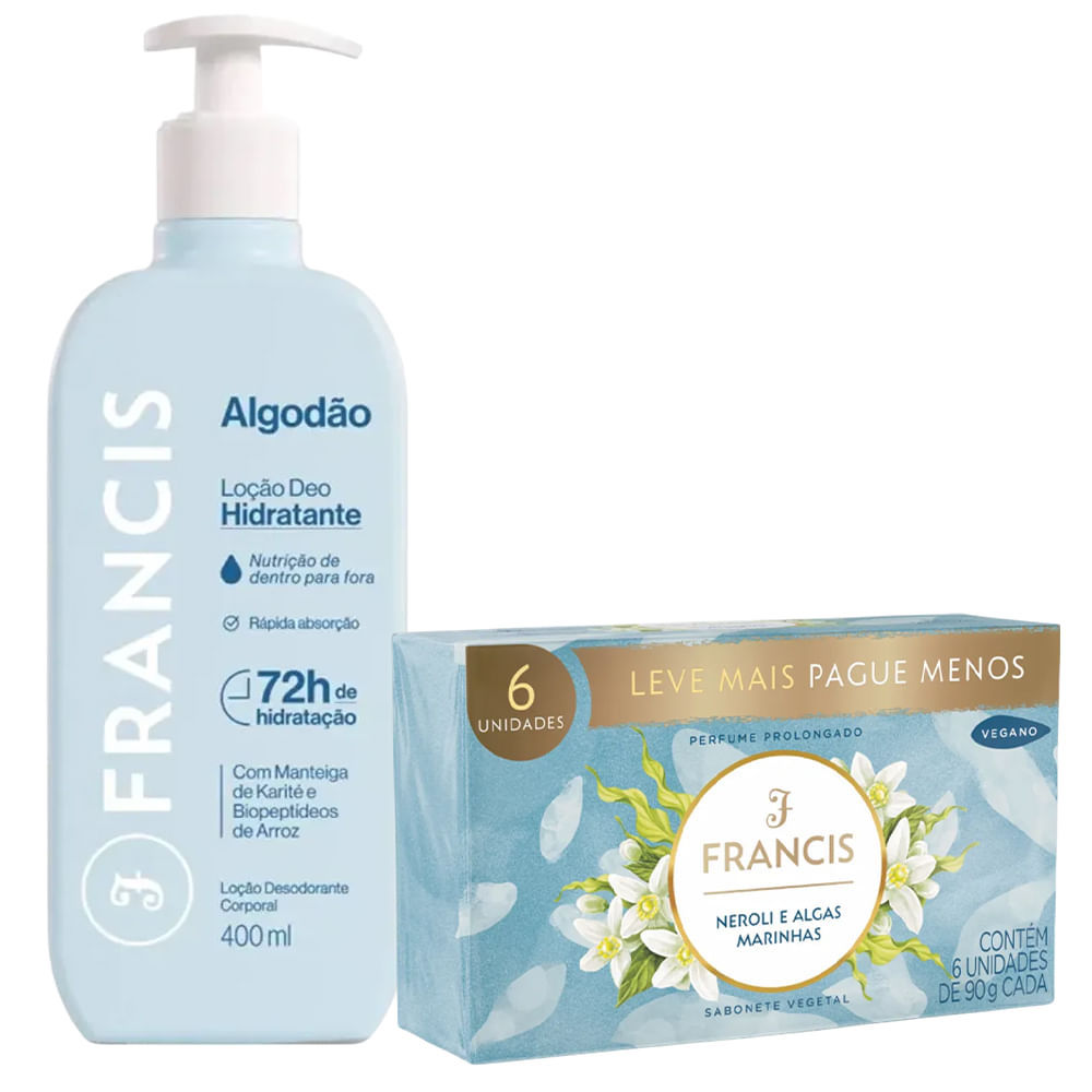 Kit Francis Loção Hidratante Algodão 400ml + 6 Sabonetes em Barra Neroli E Algas