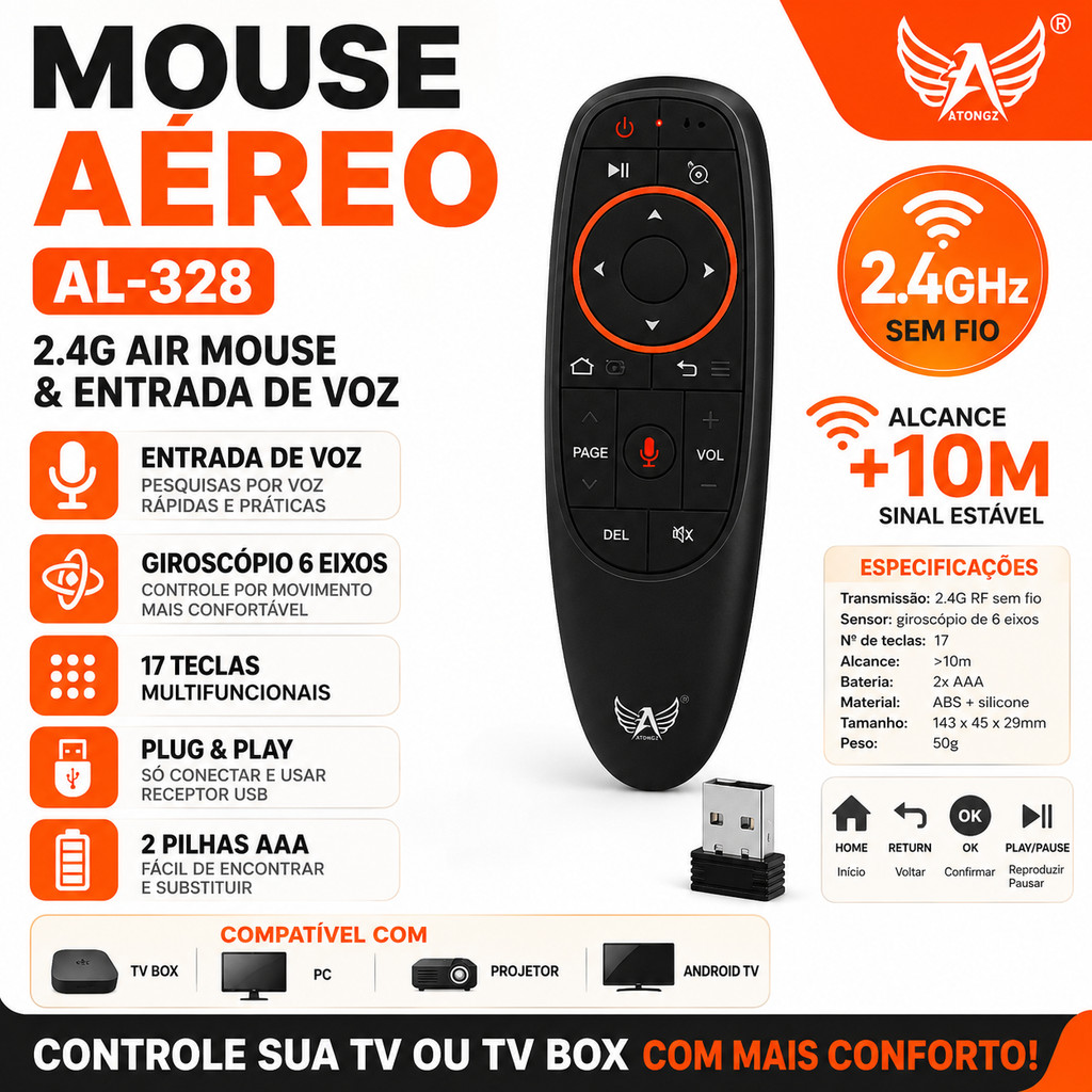 Controle Remoto Air Mouse AL-328 2.4G Sem Fio com Microfone de Voz, Giroscópio 6 Eixos e Receptor USB