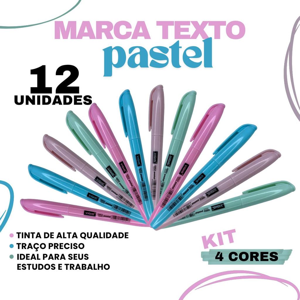 Caneta Marca Texto Pastel Vighs Kit com 12 Unidades
