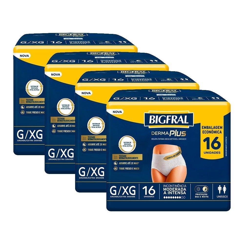 Imagem Roupa Íntima Adulto Bigfral Derma Plus Tamanho G/XG - 4 Pacotes com 16 Fraldas - Total 64 Tiras