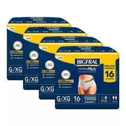 Roupa Íntima Adulto Bigfral Derma Plus Tamanho G/XG - 4 Pacotes com 16 Fraldas - Total 64 Tiras