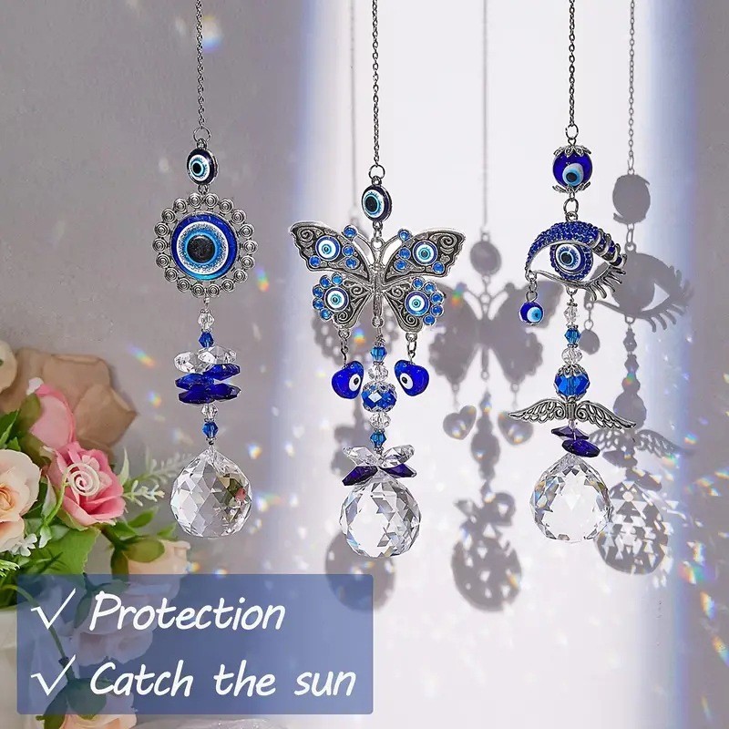 [Estoque pronto] Cristal Turquia Olho do Mal Cristal Sun Catcher Pingente Luz Sombra Carrilhão de Vento Arco-Íris Decora