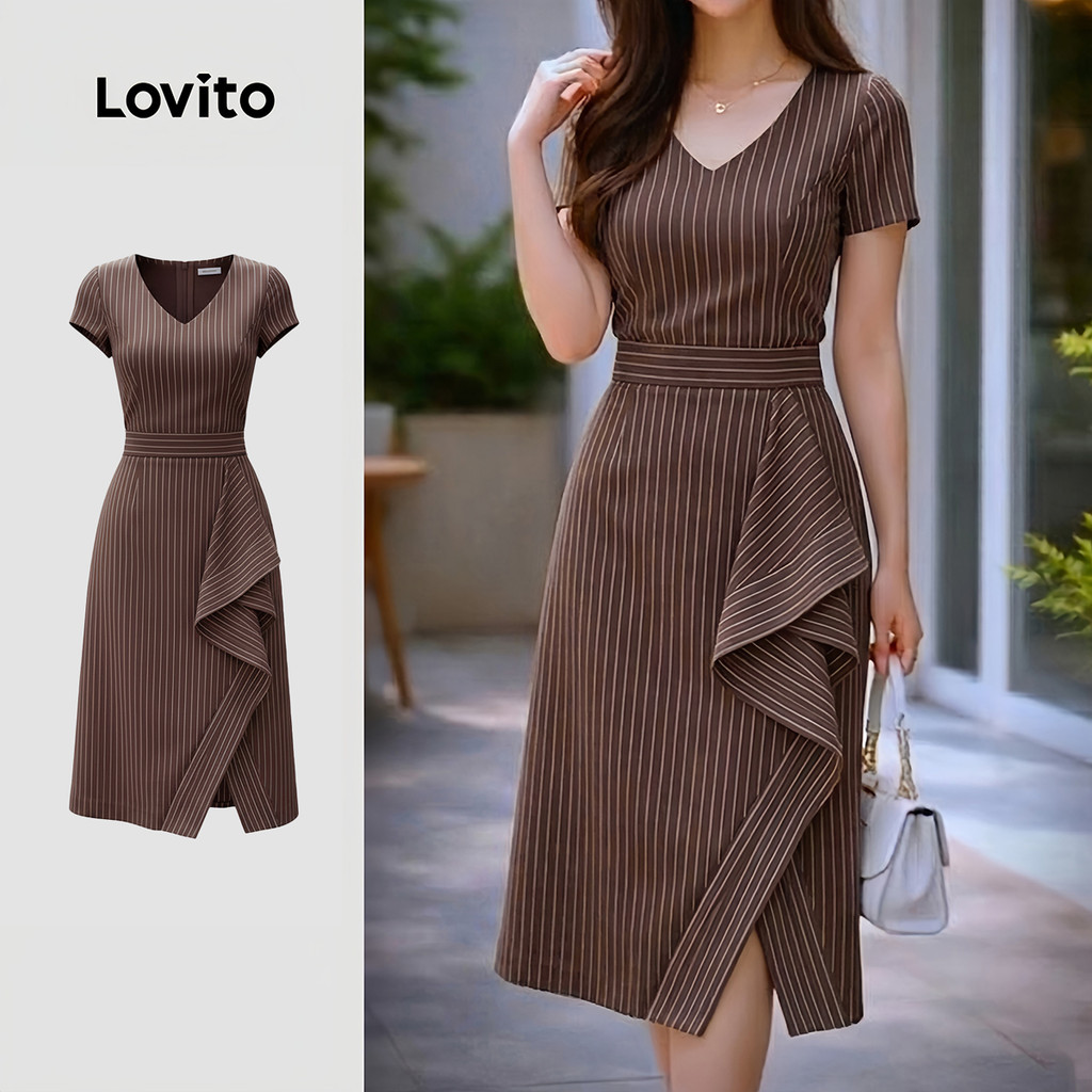 Lovito Vestido Elegante com Babados e Fenda Vestido Marrom de Primavera/verão pa