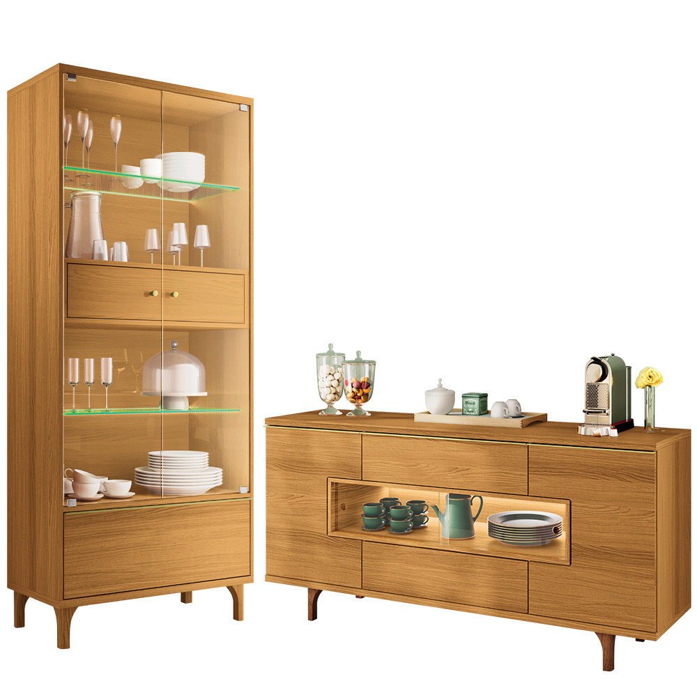 Kit Aparador Buffet Lizzano e Cristaleira Com LED Para Sala De Jantar Lúmen B01 Cinamomo - Lyam Decor