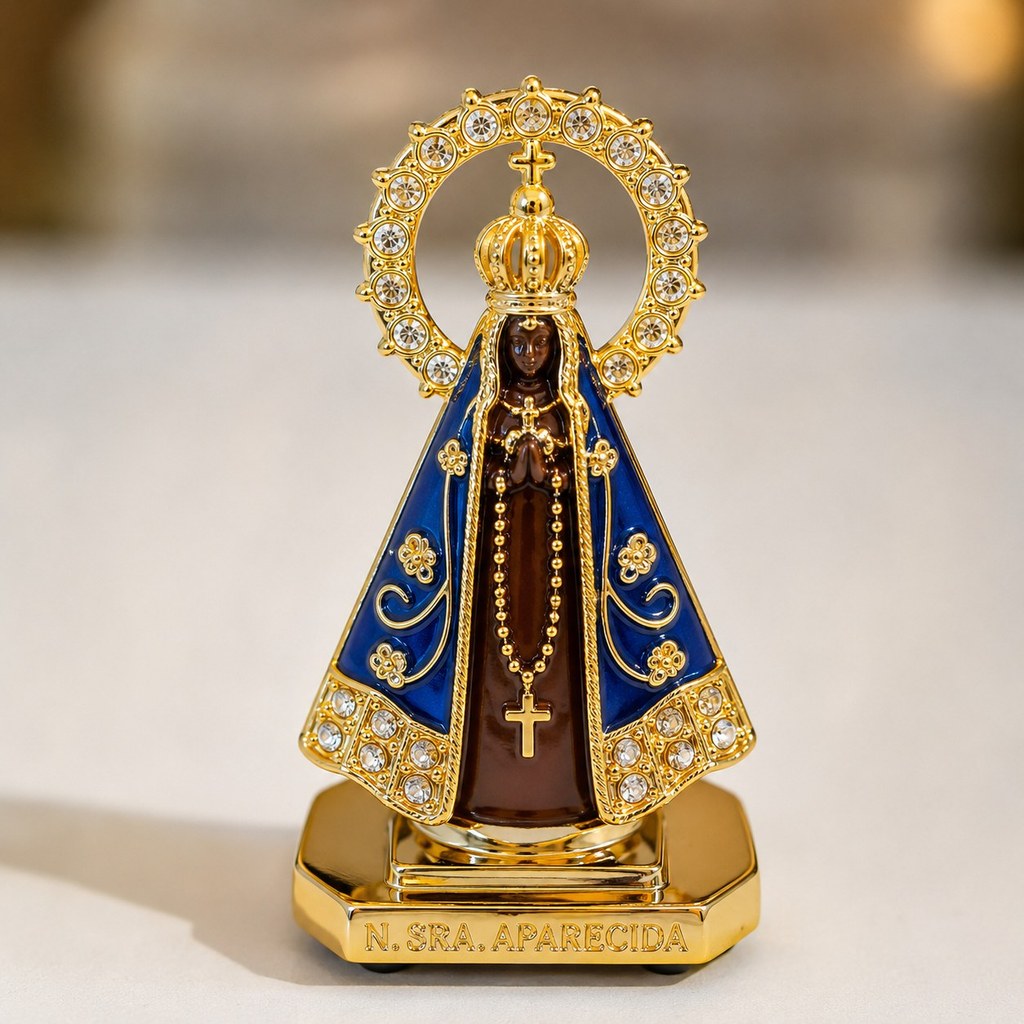 Santinha Nossa Senhora Aparecida para Carro com Coroa Dourada – Imagem Decorativa Automotiva de Proteção e Fé