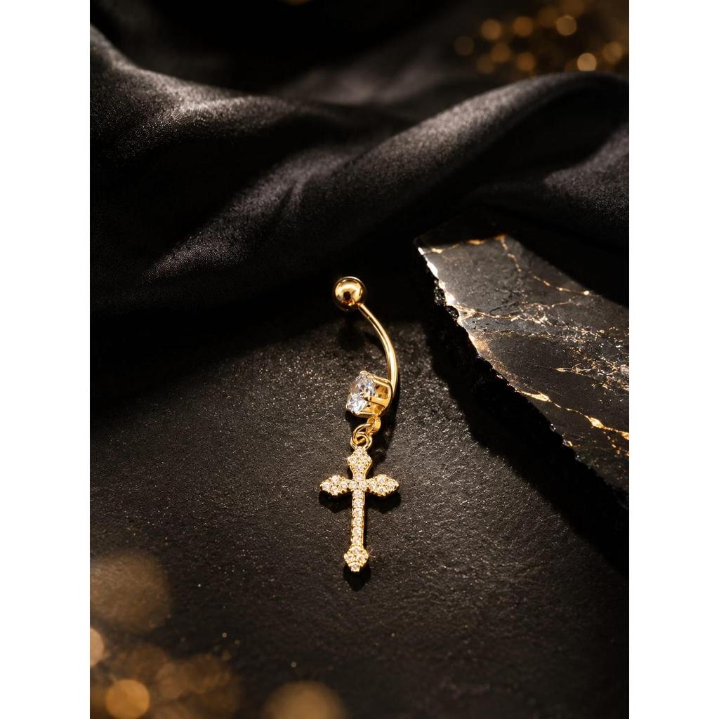 Piercing de Umbigo com Cruz Pendente Cravejada em Zircônias Brilhantes Aço Inoxidável Feminino