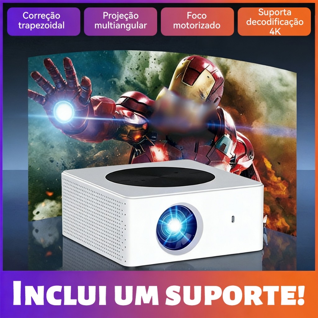 Projetor Portátil Android 4K, Wi-Fi 5G e Bluetooth 5.0, Espelhamento Sem Fio, Tela Grande