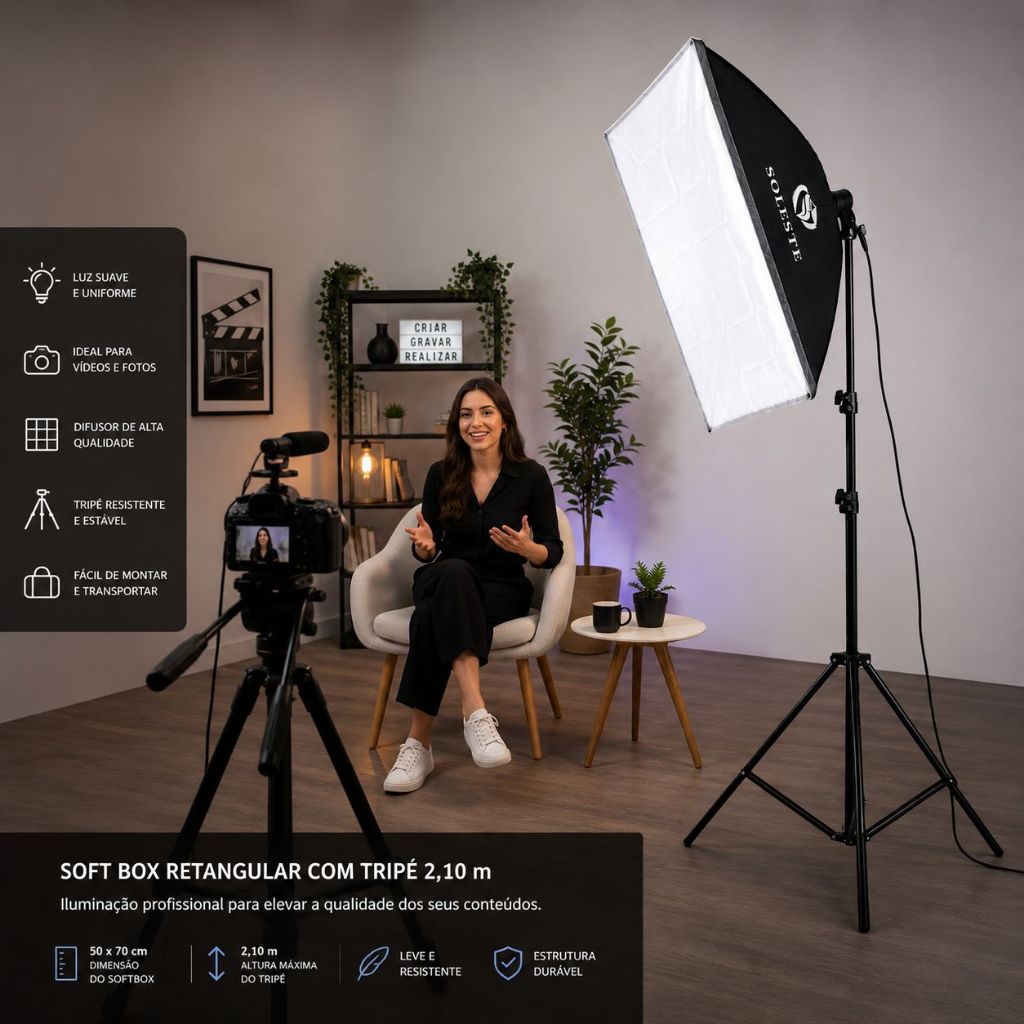 Kit Softbox 50x70 + Tripé 2,10m Estúdio Fotografia Iluminação Bivolt Bocal E27 com Tela Difusora SOLESTE